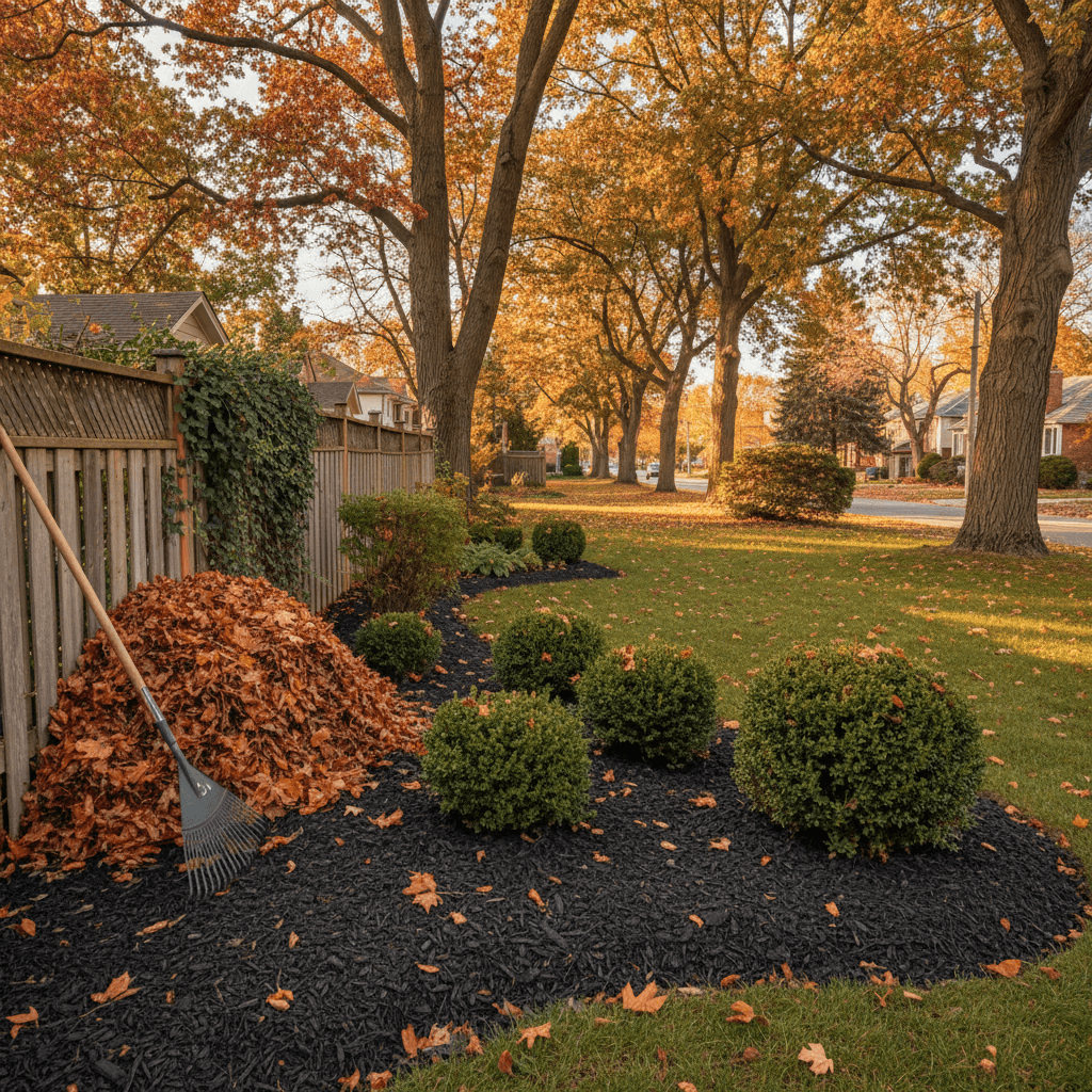 Clean garden bed with dark mulch and trimmed shrubs.