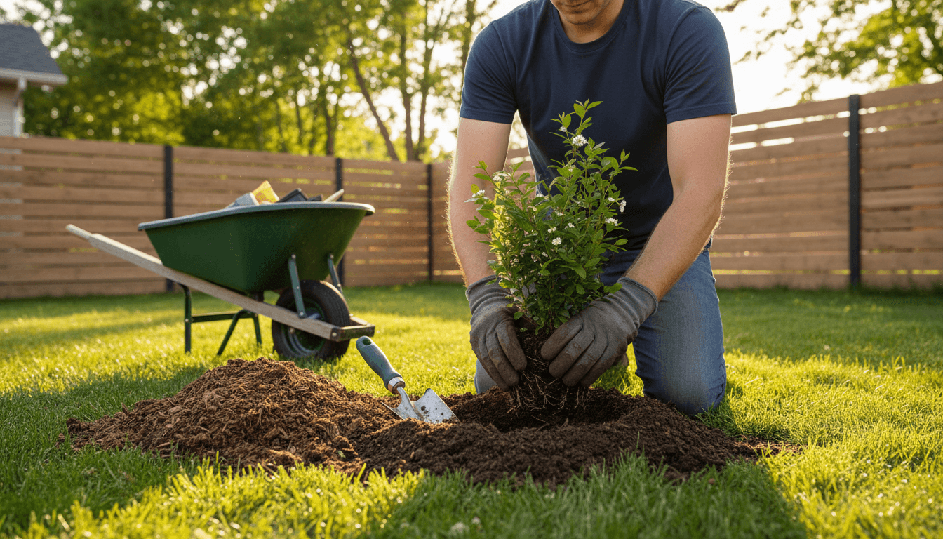 Landscaper planting a shrub in a residential garden