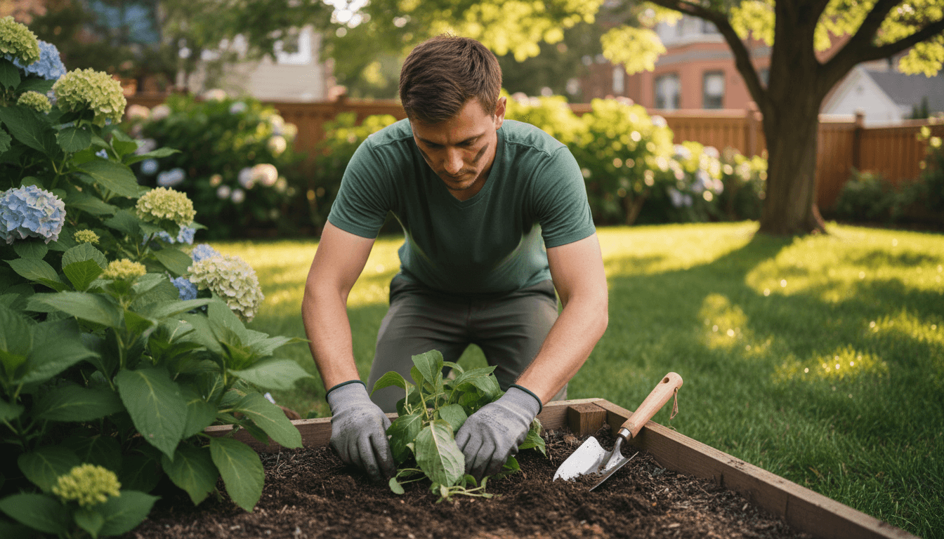 Landscaper inspecting garden bed plants during a property assessment