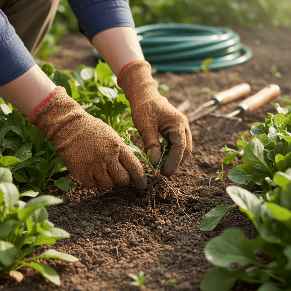Close-up of gloved hands weeding a garden bed.