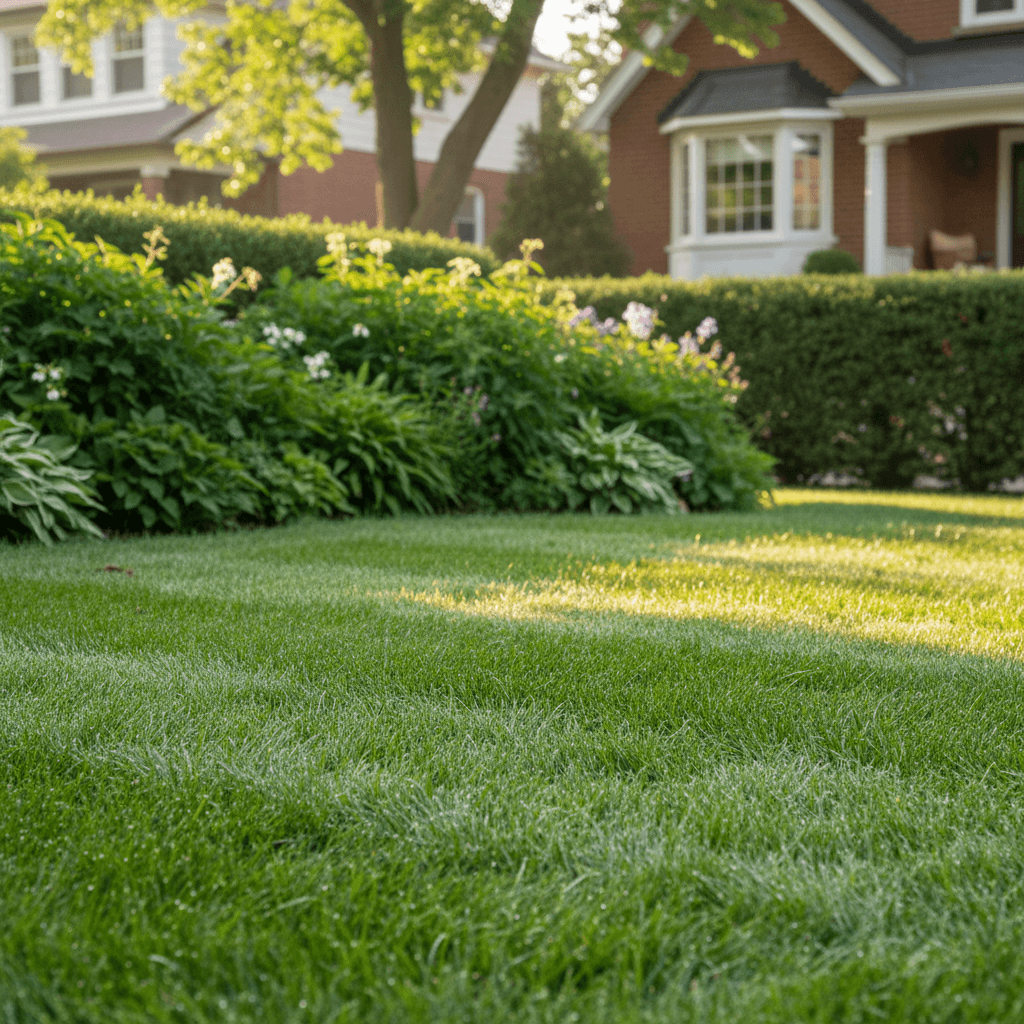 Freshly mowed lawn with striped patterns and trimmed hedges