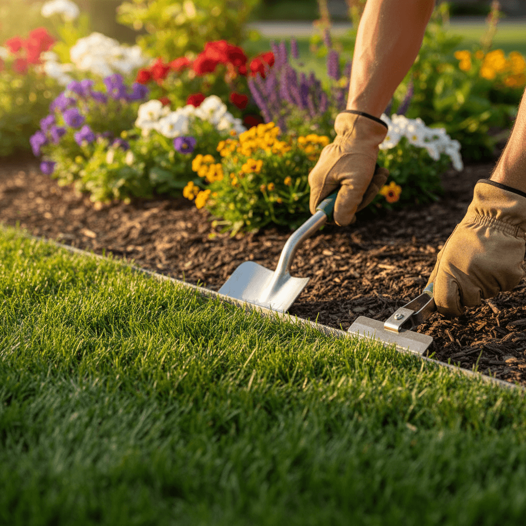 Freshly mowed lawn with neat edges and garden beds in a Toronto front yard