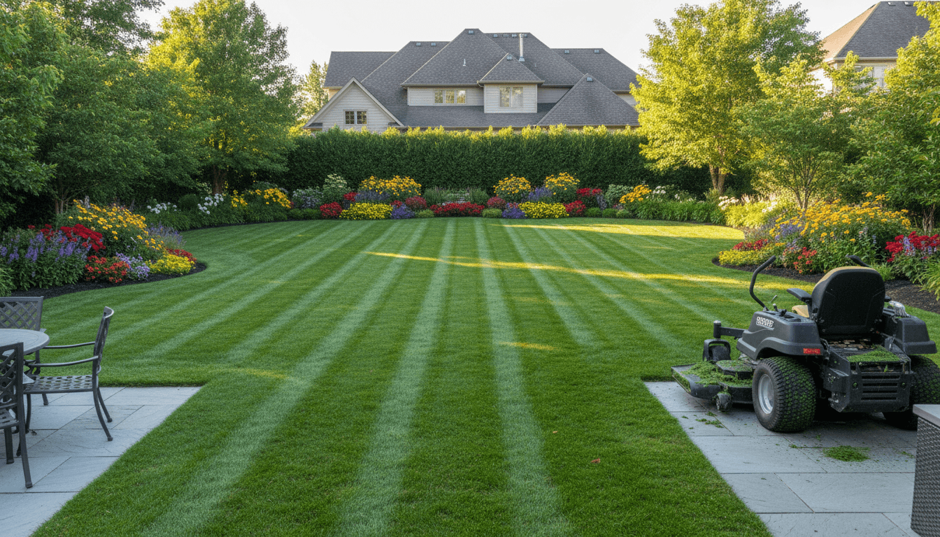 Freshly mowed lawn with neat garden beds in a Toronto residential yard