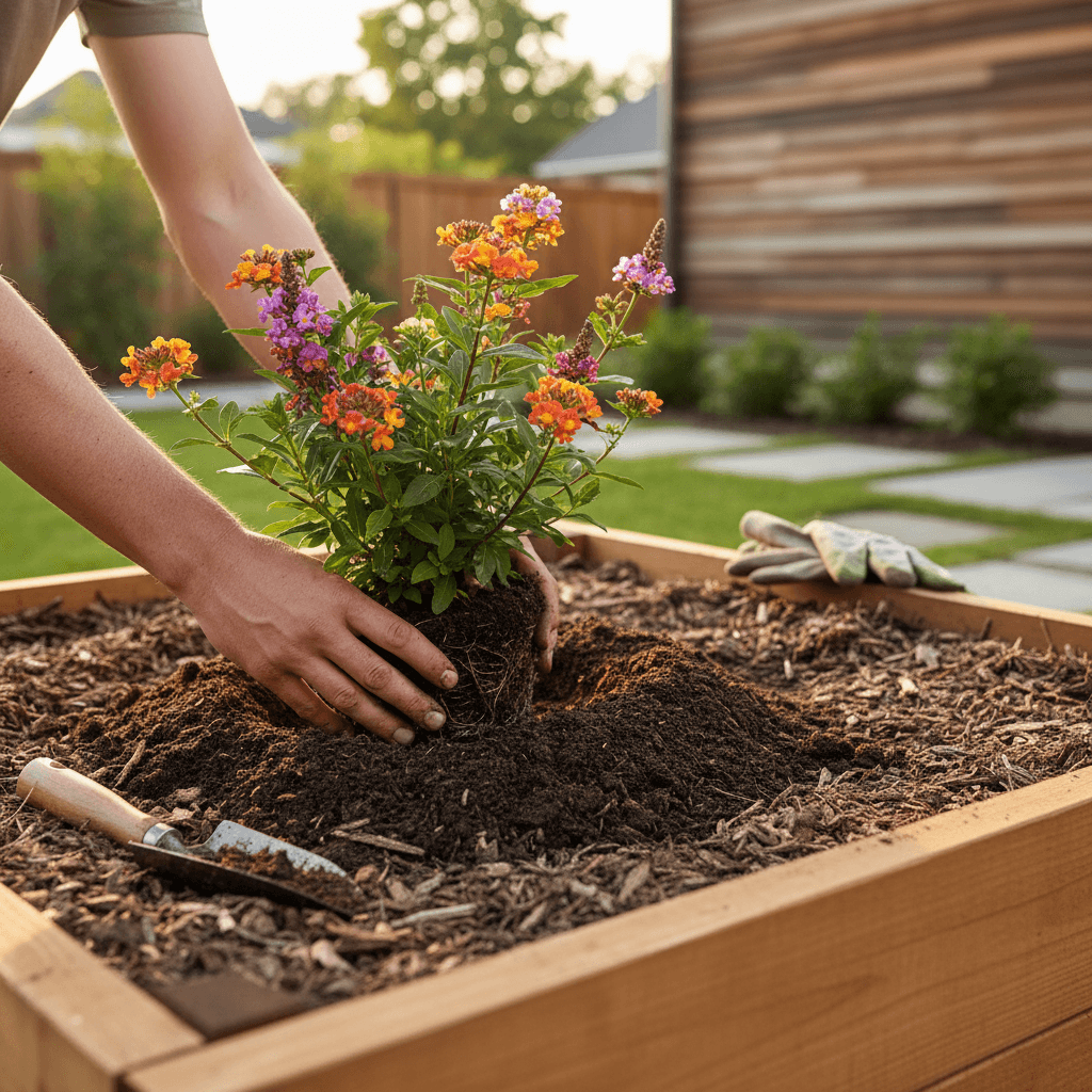 Landscaper planting a shrub in a Toronto backyard