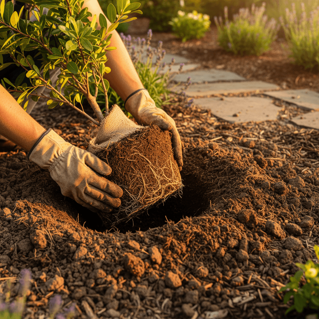 Landscaper planting a shrub in a Toronto garden