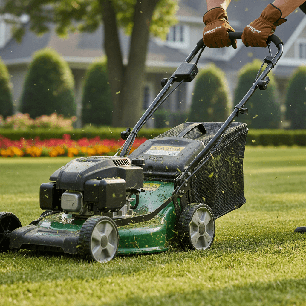 Landscaper mowing a striped residential lawn in Toronto