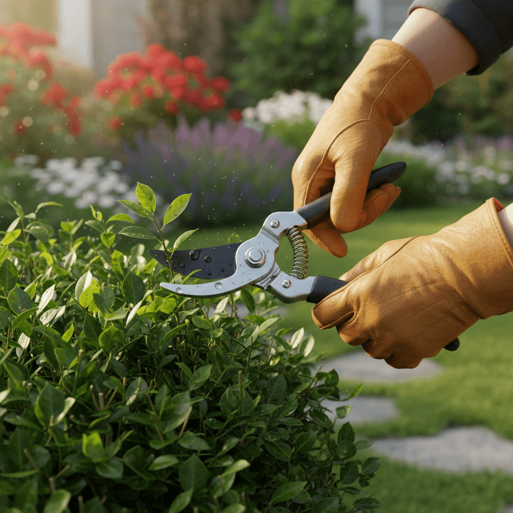 Close-up of hands trimming a boxwood hedge with shears