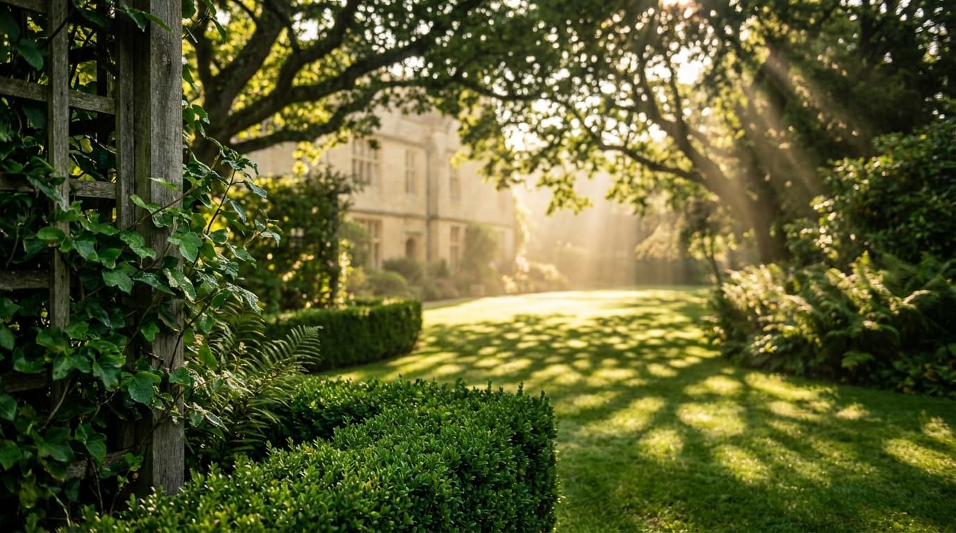 Neatly maintained backyard with striped lawn and trimmed hedges